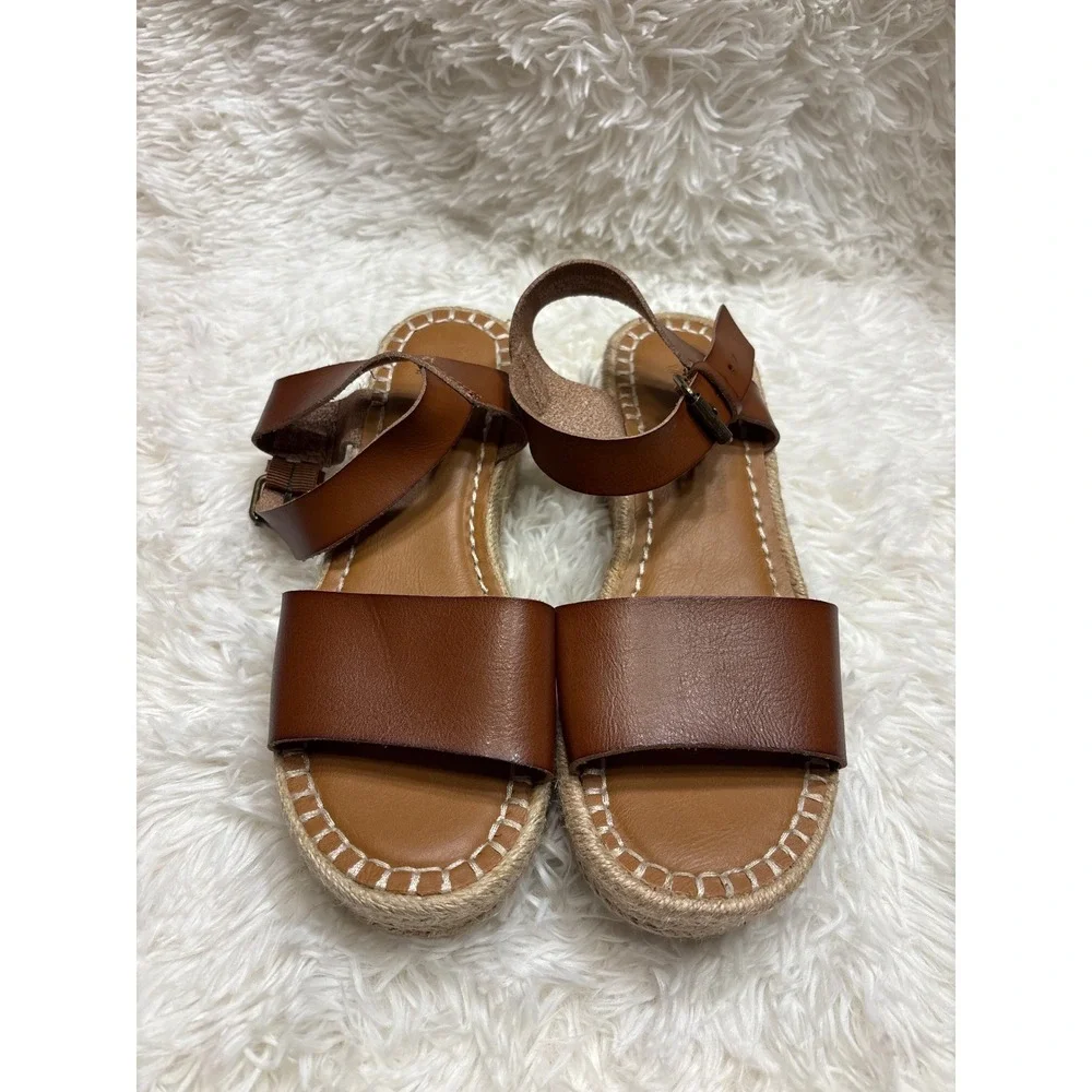 Brown Faux Leather Espadrille Platform Wedge Sandals Ankle Strap Women Size 7